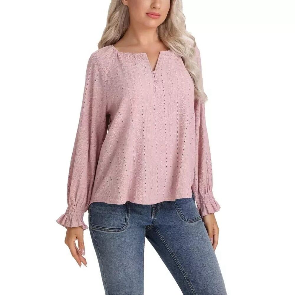 Frye Blush Pink Textured Long Puff Sleeve Western  Blouse women’s large